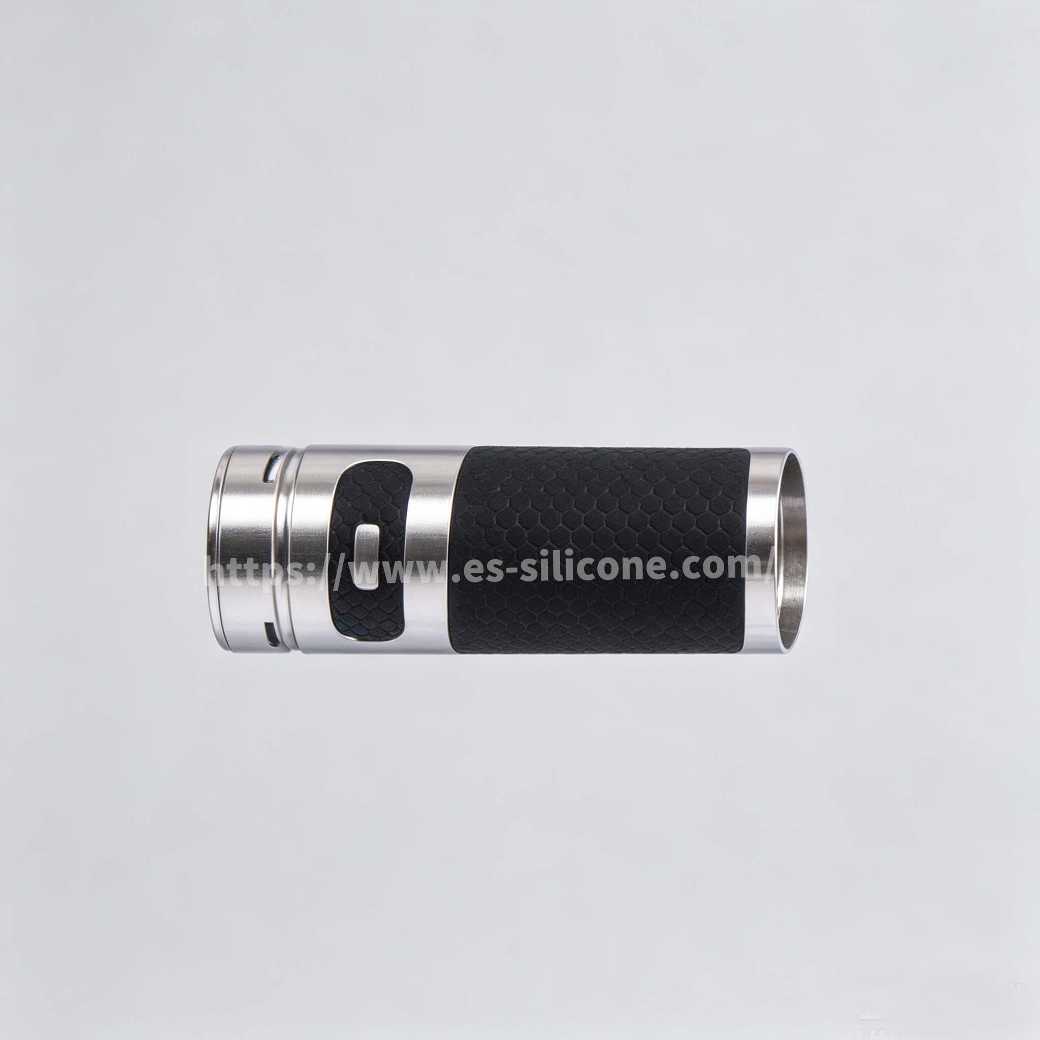 Liquid silicone encapsulates metal e-cigarette handle sleeve